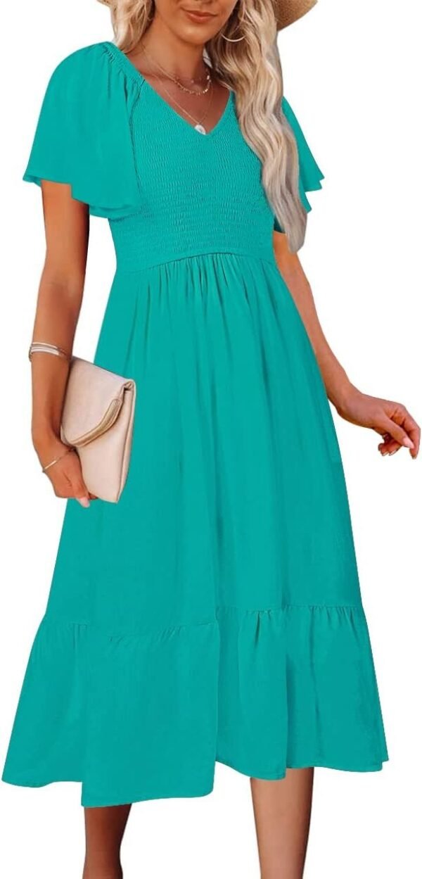 Connecteri  Women's Summer Casual V Neck Ruffle Sleeve Smocked High Waist Midi Dress with Pockets