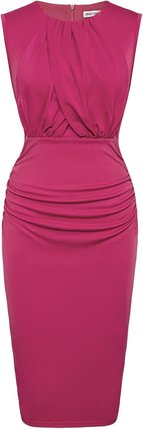 Connecteri  Women's Ruched Bodycon Dress Summer Sleeveless Front Drape Patchwork Crew Neck Midi Cocktail Dress