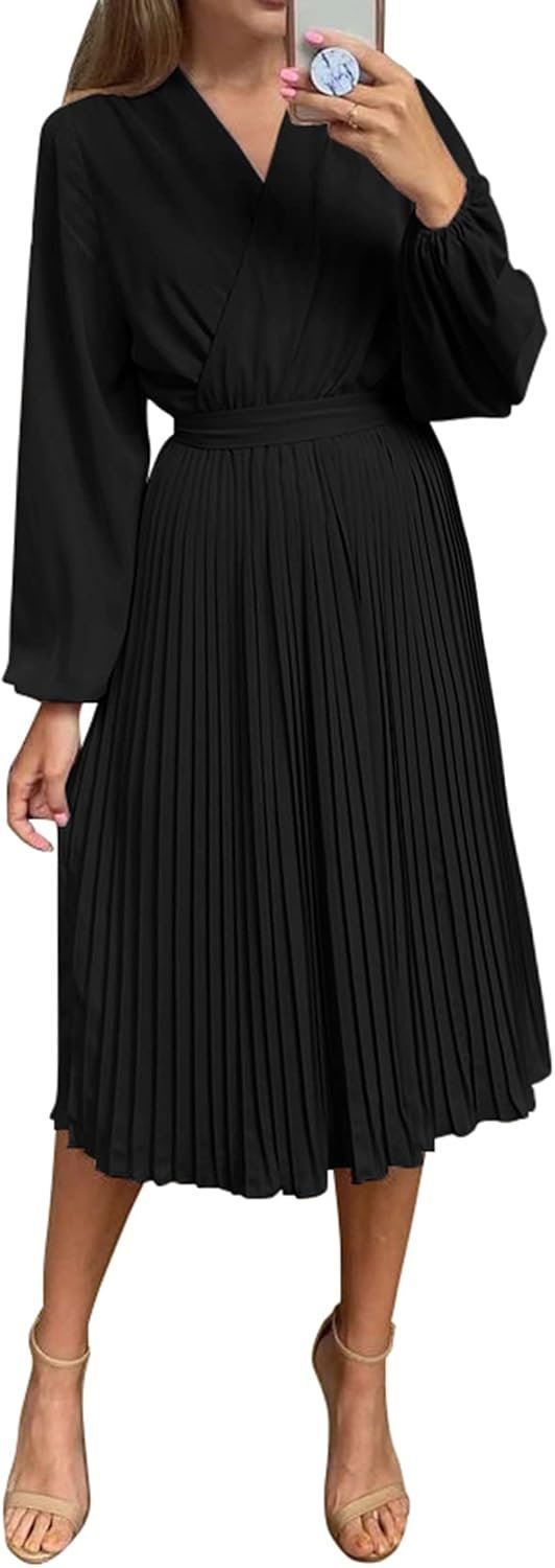 Connecteri  Womens V Neck Flowy Ruffle Pleated Casual Fall Dress