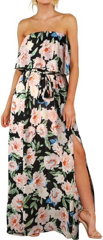 Connecteri  Womens Strapless Dresses Casual Summer High Waist Side Split Flowy Boho Maxi Dress