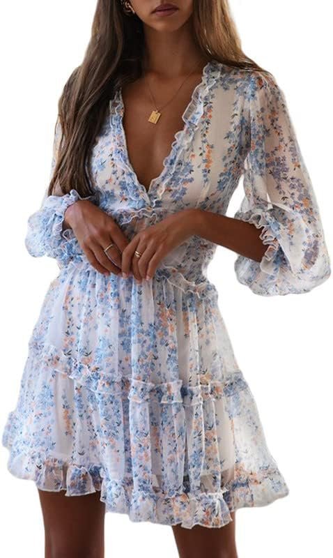 Connecteri  Womens 2024 Spring Summer Deep V Neck Ruffle Floral Flowy Mini Dress