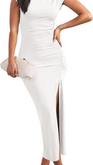 Connecteri  Women's Cap Sleeve Mock Neck Midi Dress High Slit Bodycon Ruched Sexy Cocktail Party Dresses