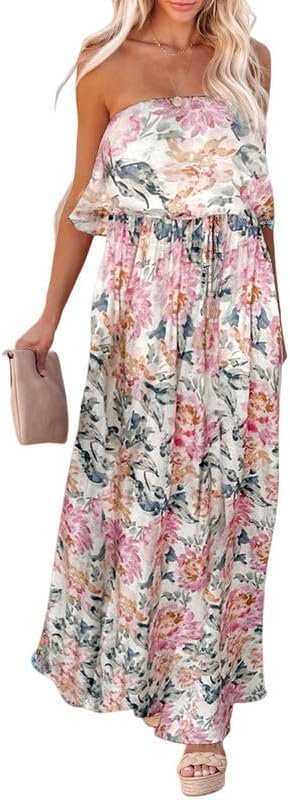 Connecteri  Womens Strapless Dresses Casual Summer High Waist Side Split Flowy Boho Maxi Dress
