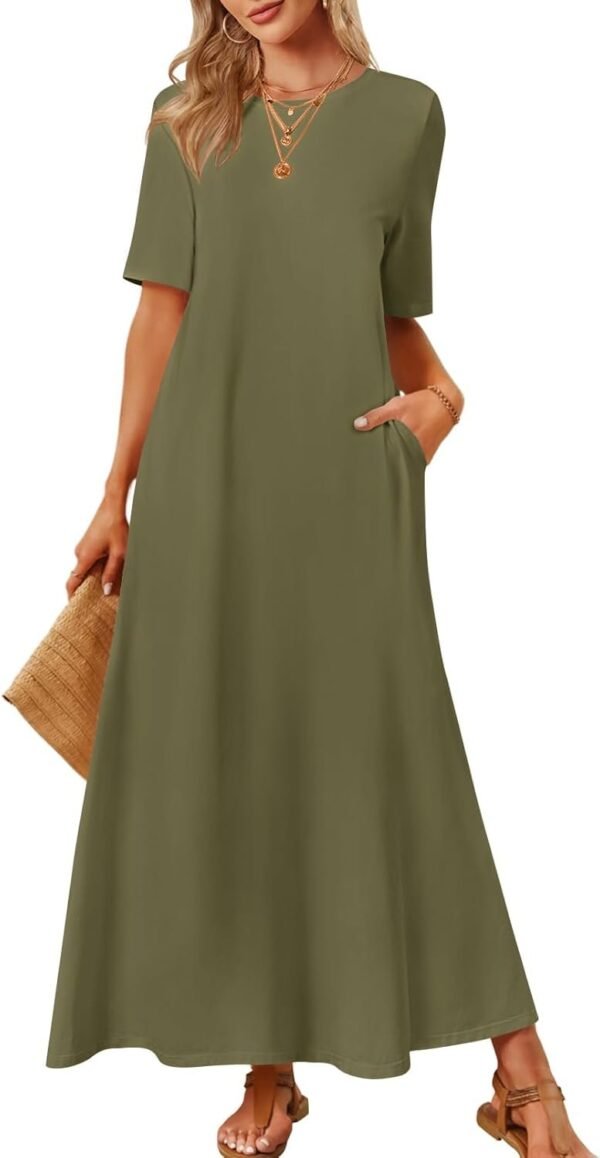 Connecteri  Women's 2024 Summer Short Sleeve Maxi Dress Casual Crewneck Swing A Line Long T Shirt Dress with Pockets