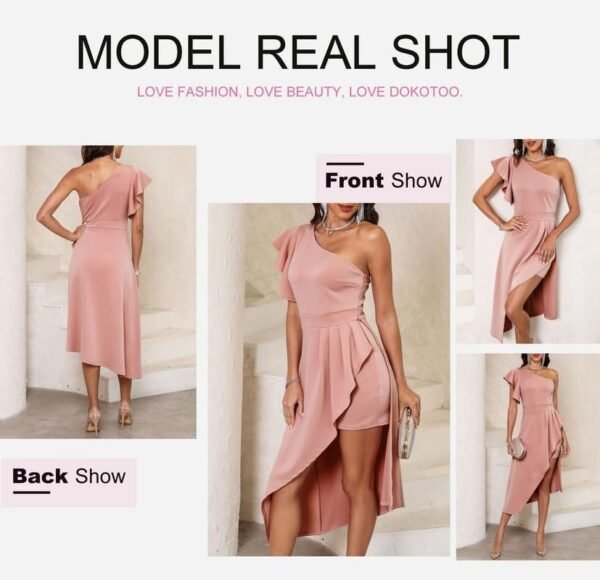 Connecteri  Womens One Shoulder Sleeveless Ruffle Empire Waist Asymmetrical High-Low Bodycon Formal Wedding Guest Midi Dresses