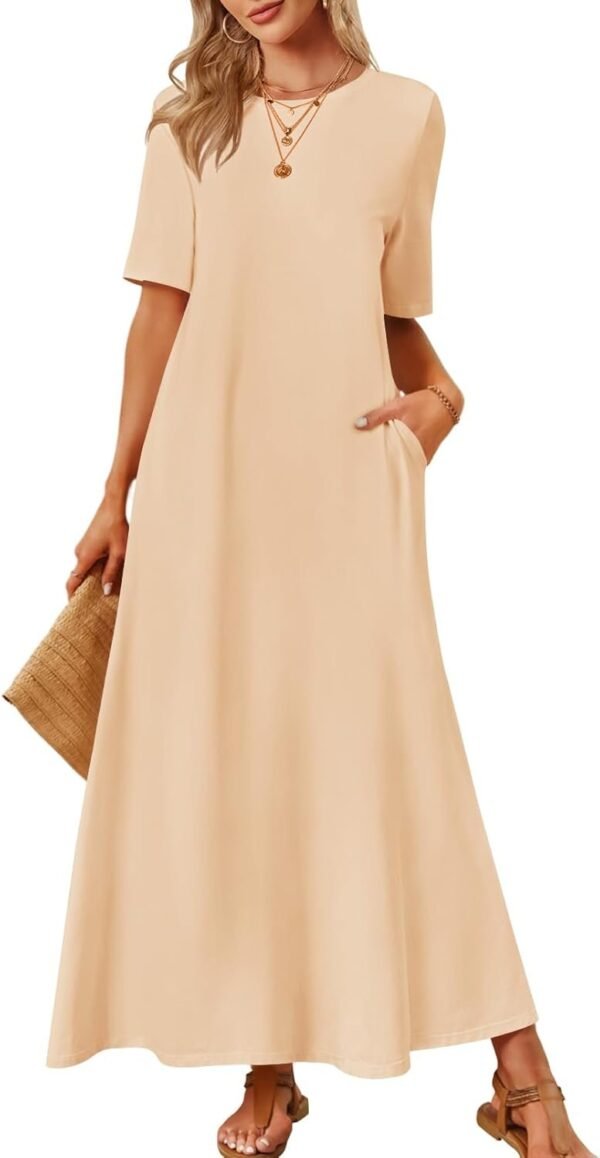 Connecteri  Women's 2024 Summer Short Sleeve Maxi Dress Casual Crewneck Swing A Line Long T Shirt Dress with Pockets