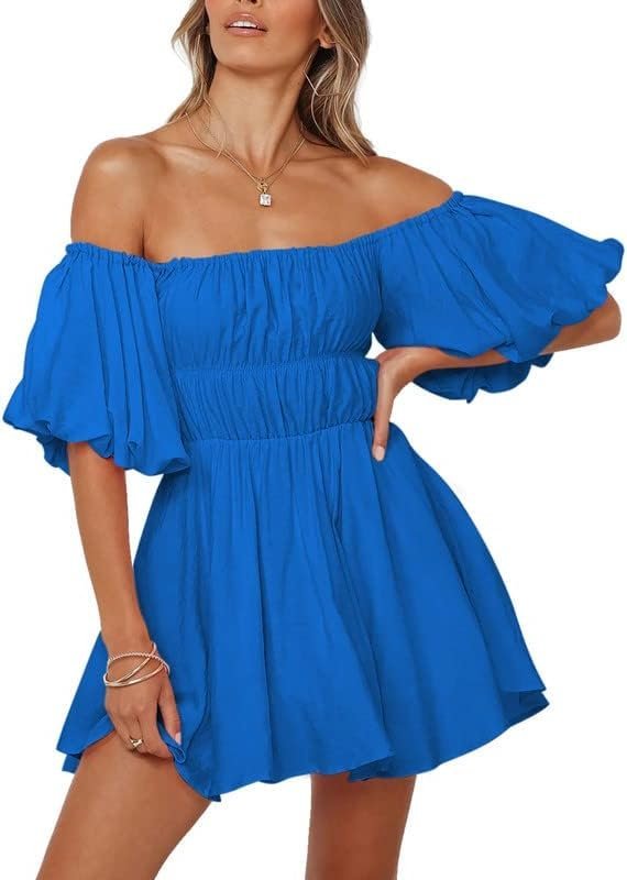 Connecteri  Womens Off The Shoulder Summer Dresses 2024 Short Lantern Sleeve Ruffle Elastic Waist A-Line Casual Mini Dress