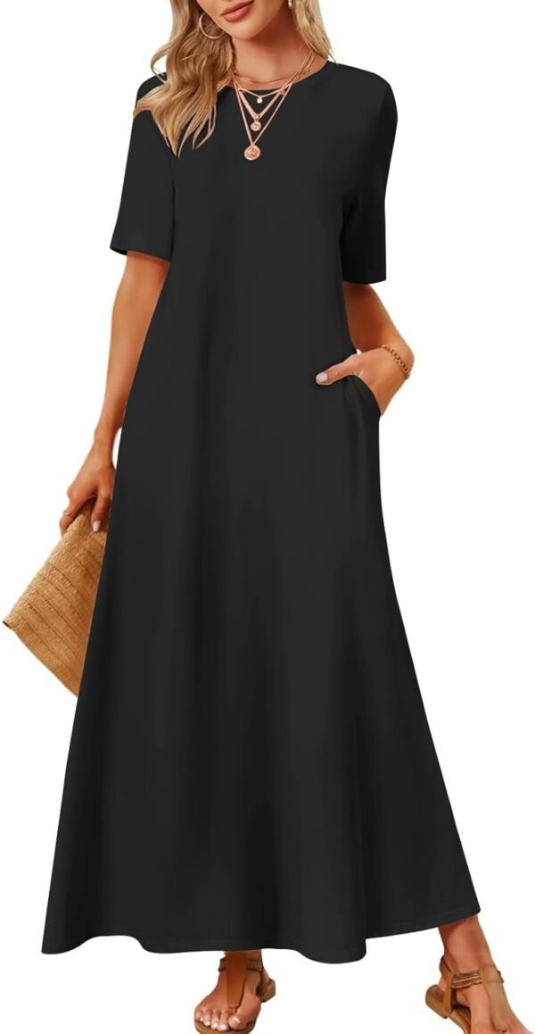 Connecteri  Women's 2024 Summer Short Sleeve Maxi Dress Casual Crewneck Swing A Line Long T Shirt Dress with Pockets