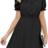 Connecteri  Work Dresses for Women 2023 Long Sleeves Chiffon Black Dress Retro Pleated Buttons Down Bow Tie Loose Causal Dresses