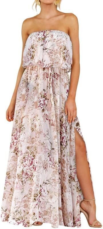 Connecteri  Womens Strapless Dresses Casual Summer High Waist Side Split Flowy Boho Maxi Dress