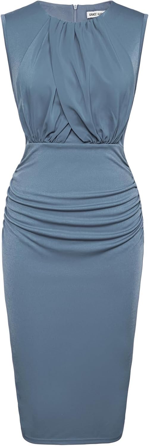 Connecteri  Women's Ruched Bodycon Dress Summer Sleeveless Front Drape Patchwork Crew Neck Midi Cocktail Dress