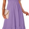 Connecteri  Women's Summer Casual V Neck Ruffle Sleeve Smocked High Waist Midi Dress with Pockets