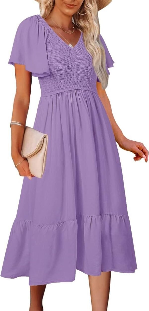 Connecteri  Women's Summer Casual V Neck Ruffle Sleeve Smocked High Waist Midi Dress with Pockets