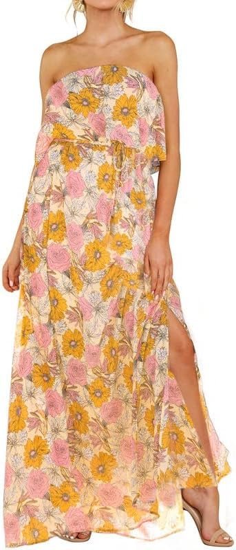 Connecteri  Womens Strapless Dresses Casual Summer High Waist Side Split Flowy Boho Maxi Dress