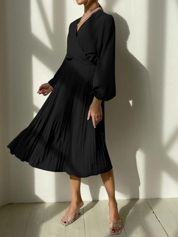 Connecteri  Womens V Neck Flowy Ruffle Pleated Casual Fall Dress