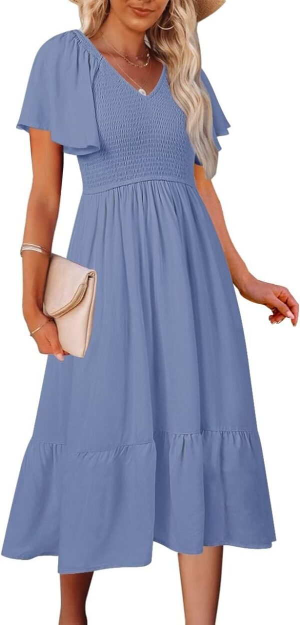 Connecteri  Women's Summer Casual V Neck Ruffle Sleeve Smocked High Waist Midi Dress with Pockets