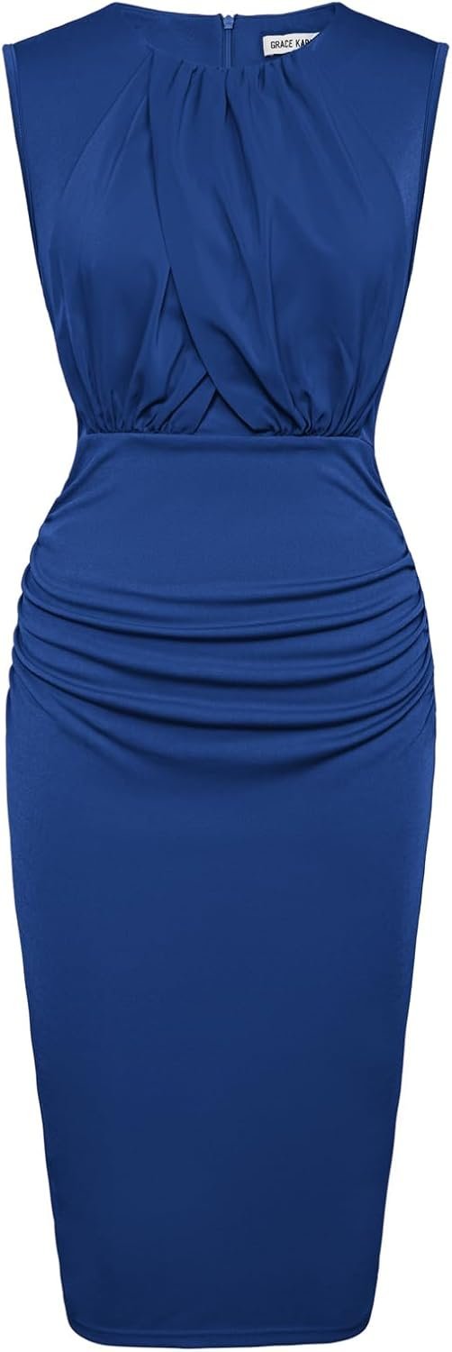 Connecteri  Women's Ruched Bodycon Dress Summer Sleeveless Front Drape Patchwork Crew Neck Midi Cocktail Dress
