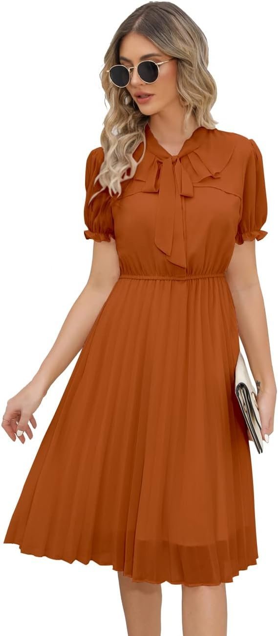 Connecteri  Work Dresses for Women 2023 Long Sleeves Chiffon Black Dress Retro Pleated Buttons Down Bow Tie Loose Causal Dresses