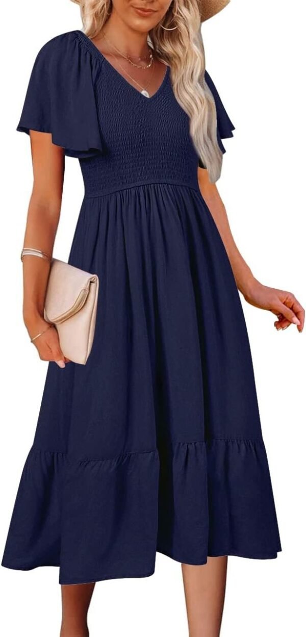 Connecteri  Women's Summer Casual V Neck Ruffle Sleeve Smocked High Waist Midi Dress with Pockets