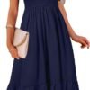 Connecteri  Women's Summer Casual V Neck Ruffle Sleeve Smocked High Waist Midi Dress with Pockets