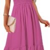 Connecteri  Women's Summer Casual V Neck Ruffle Sleeve Smocked High Waist Midi Dress with Pockets