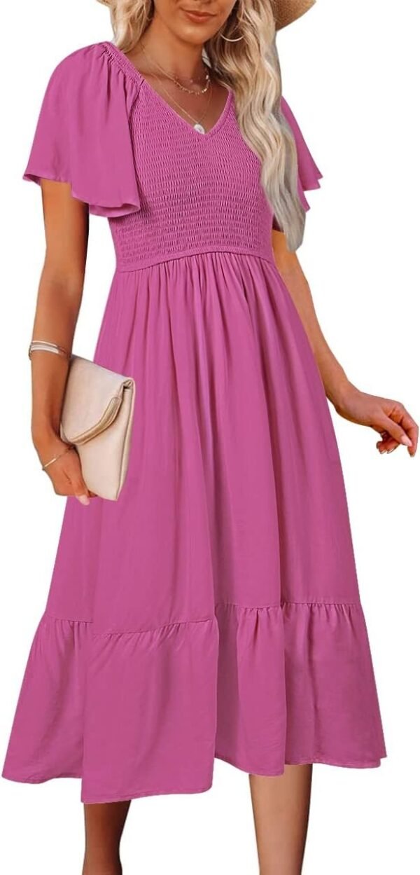 Connecteri  Women's Summer Casual V Neck Ruffle Sleeve Smocked High Waist Midi Dress with Pockets