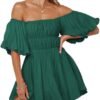 Connecteri  Womens Off The Shoulder Summer Dresses 2024 Short Lantern Sleeve Ruffle Elastic Waist A-Line Casual Mini Dress