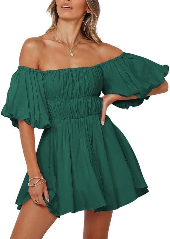 Connecteri  Womens Off The Shoulder Summer Dresses 2024 Short Lantern Sleeve Ruffle Elastic Waist A-Line Casual Mini Dress
