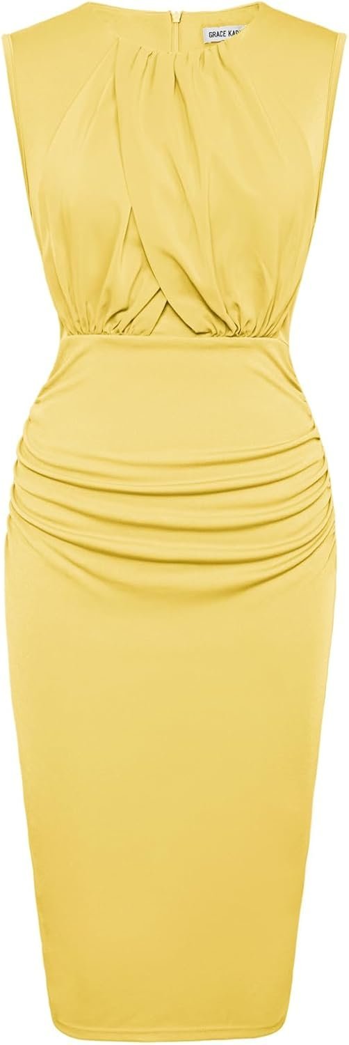 Connecteri  Women's Ruched Bodycon Dress Summer Sleeveless Front Drape Patchwork Crew Neck Midi Cocktail Dress