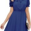 Connecteri  Work Dresses for Women 2023 Long Sleeves Chiffon Black Dress Retro Pleated Buttons Down Bow Tie Loose Causal Dresses
