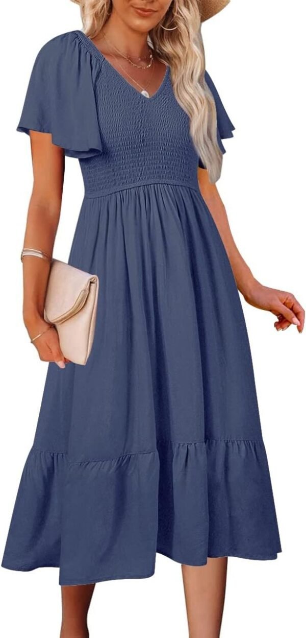 Connecteri  Women's Summer Casual V Neck Ruffle Sleeve Smocked High Waist Midi Dress with Pockets