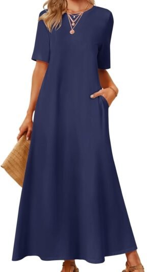 Connecteri  Women's 2024 Summer Short Sleeve Maxi Dress Casual Crewneck Swing A Line Long T Shirt Dress with Pockets