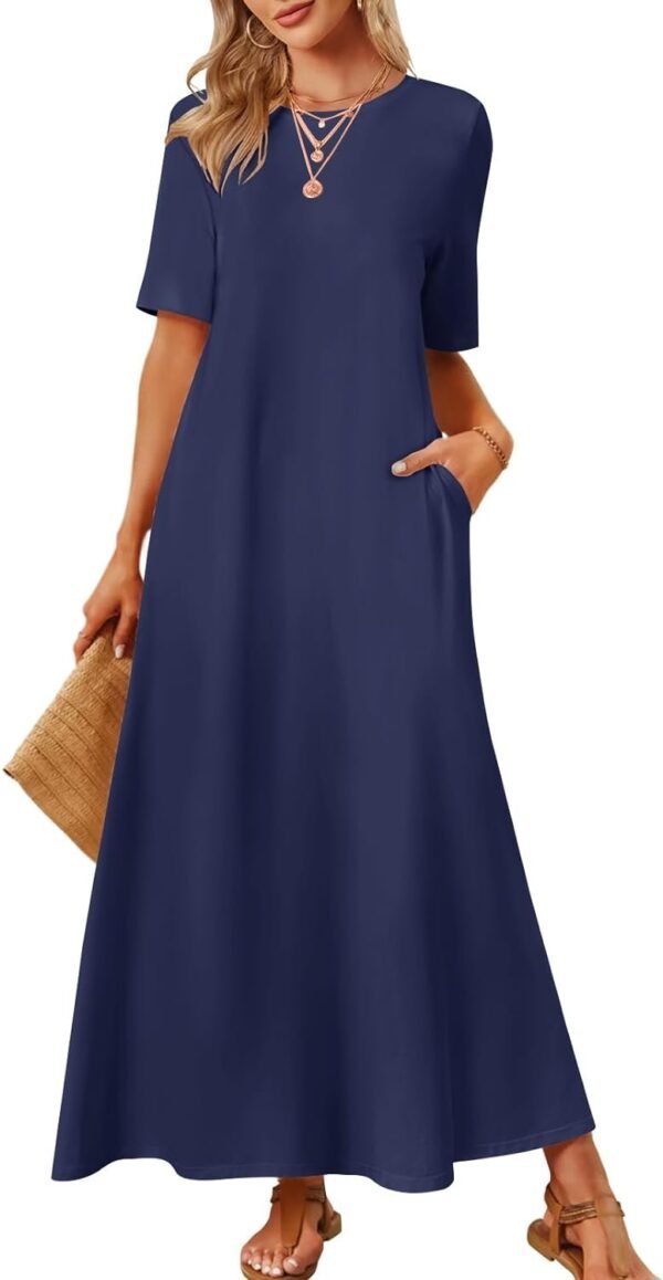 Connecteri  Women's 2024 Summer Short Sleeve Maxi Dress Casual Crewneck Swing A Line Long T Shirt Dress with Pockets
