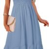 Connecteri  Women's Summer Casual V Neck Ruffle Sleeve Smocked High Waist Midi Dress with Pockets