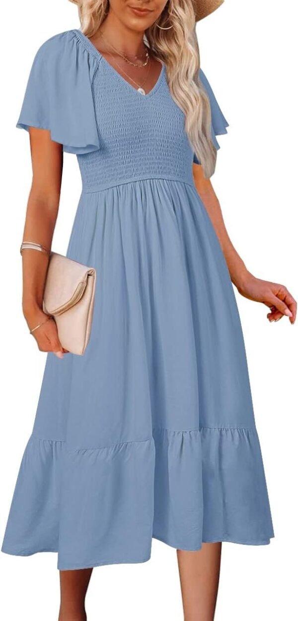 Connecteri  Women's Summer Casual V Neck Ruffle Sleeve Smocked High Waist Midi Dress with Pockets
