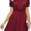 Connecteri  Work Dresses for Women 2023 Long Sleeves Chiffon Black Dress Retro Pleated Buttons Down Bow Tie Loose Causal Dresses