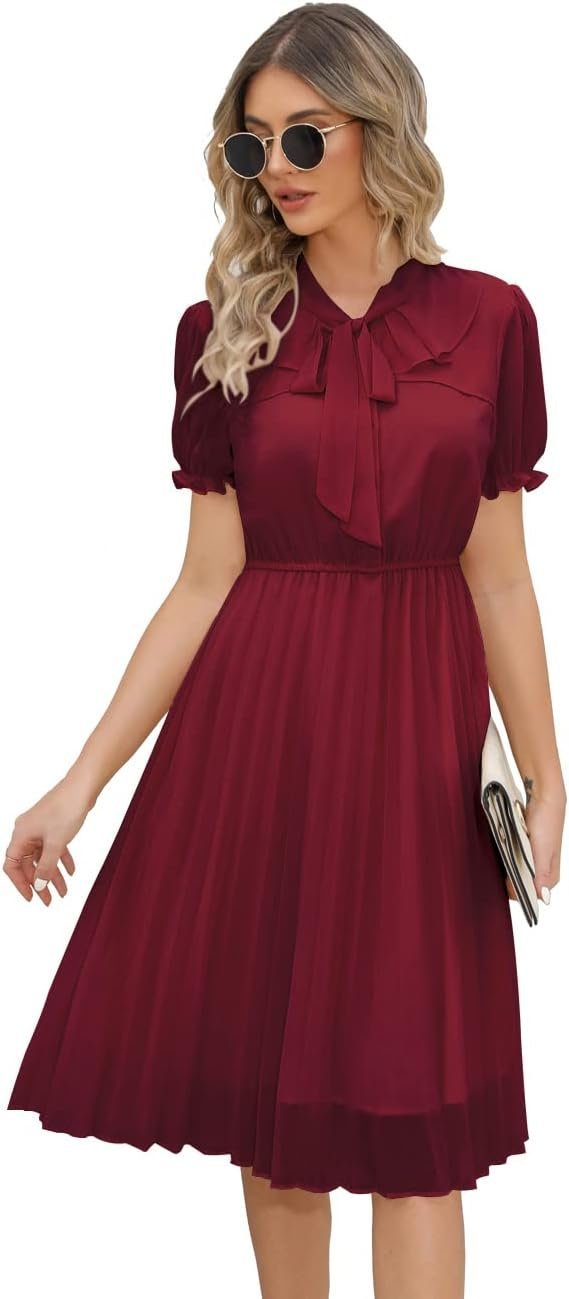 Connecteri  Work Dresses for Women 2023 Long Sleeves Chiffon Black Dress Retro Pleated Buttons Down Bow Tie Loose Causal Dresses