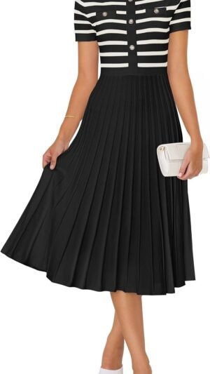 Connecteri Women's Casual Striped Midi Dress Crewneck Short Sleeve Button Ribbed Knit Swing Pleated A Line Dresses