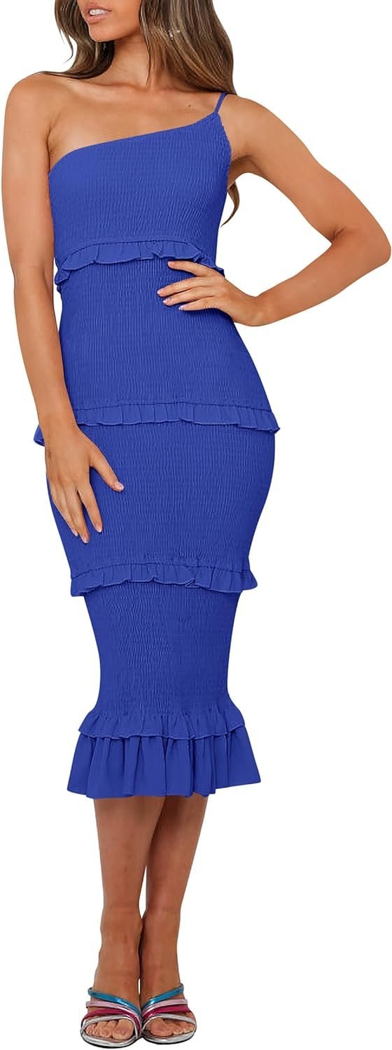 Connecteri  Womens Floral Summer One Shoulder Strappy Tiered Ruffle Midi Bodycon Dresses