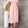 Connecteri  Women's Summer Casual V Neck Ruffle Sleeve Smocked High Waist Midi Dress with Pockets