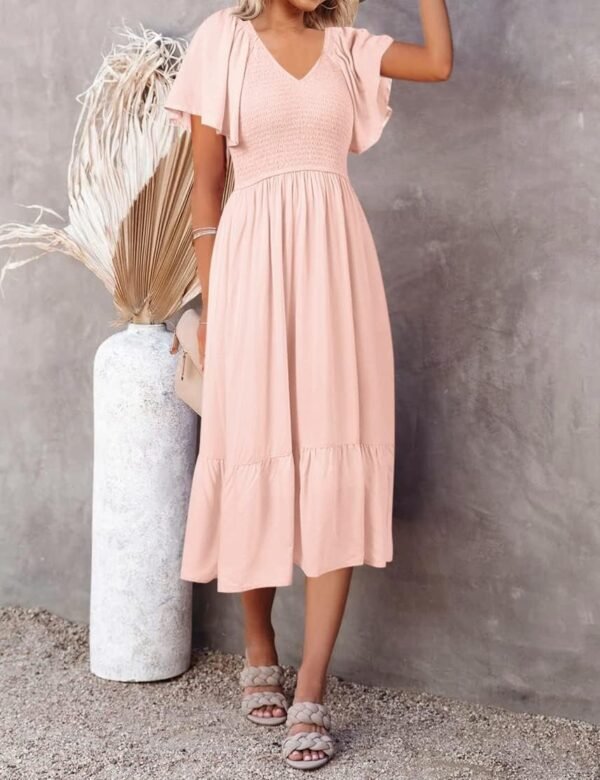 Connecteri  Women's Summer Casual V Neck Ruffle Sleeve Smocked High Waist Midi Dress with Pockets