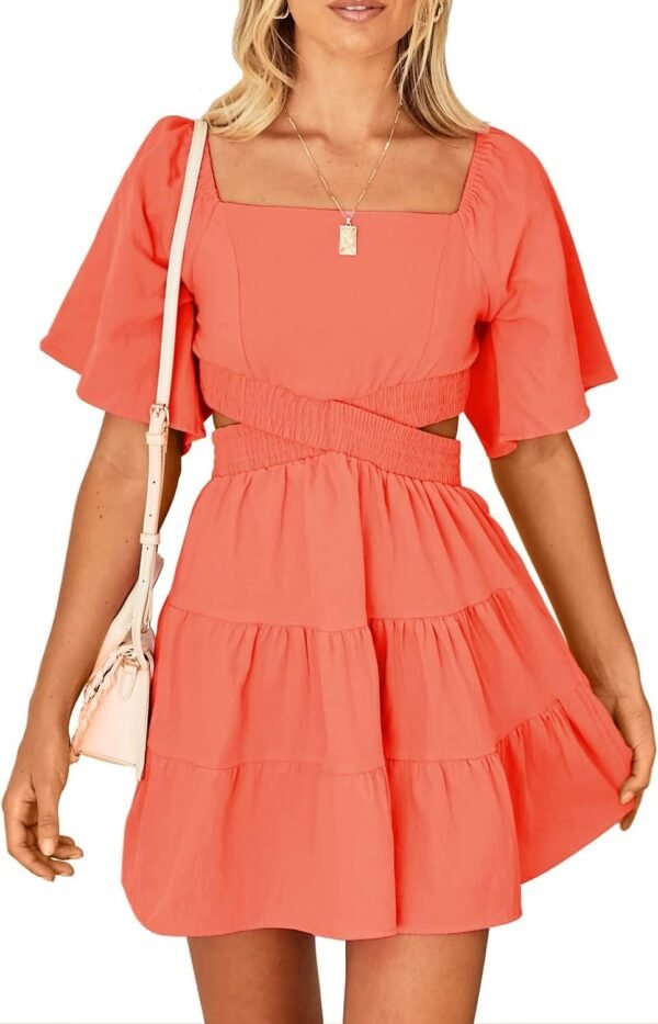 Shy Velvet Women's Summer Dress Square Neck Short Sleeves Crossover Waist Casual Party Mini Dress