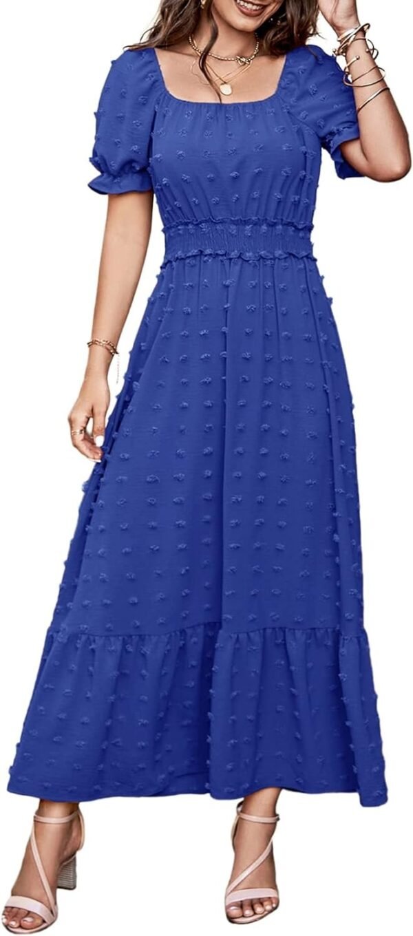 Connecteri  Womens 2024 Puff Short Sleeve Square Neck Swiss Dot Smocked Waist Ruffle Hem Tiered Long Dress