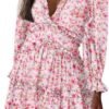 Connecteri  Womens 2024 Spring Summer Deep V Neck Ruffle Floral Flowy Mini Dress
