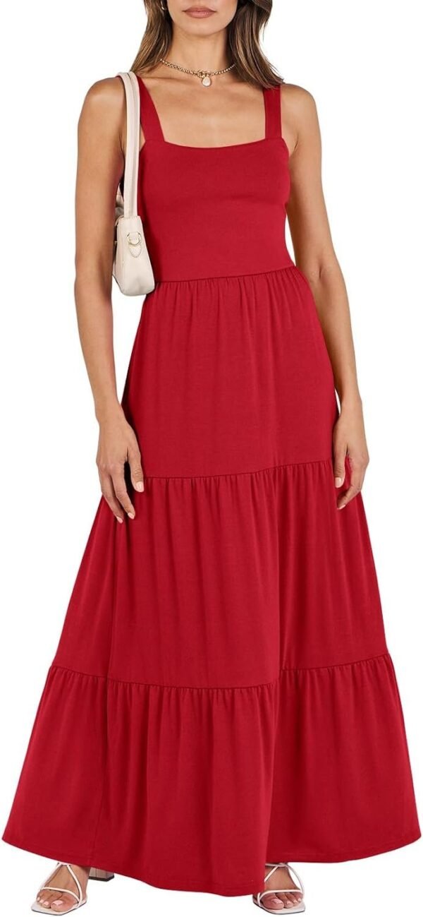 Connecteri  Women's Summer Casual Long Maxi Beach Vacation Dresses Sleeveless Square Neck Flowy Tiered Sun Dress with Pockets