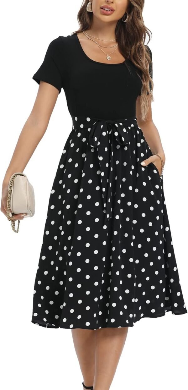 Connecteri  Summer Dresses for Women 2024 Short Sleeve Elastic Waist Casual Dresses Ribbed Floral Work Midi Dress with Pockets