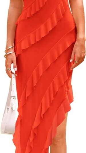 Connecteri  Womens Strapless Tube Asymmetrical Ruffle Maxi Bodycon Dress