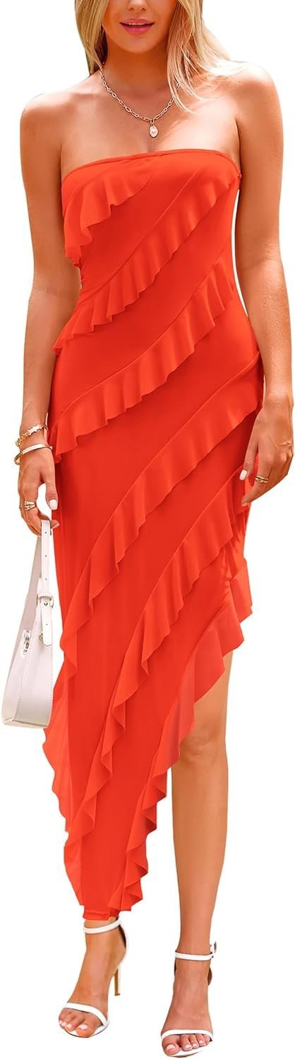 Connecteri  Womens Strapless Tube Asymmetrical Ruffle Maxi Bodycon Dress