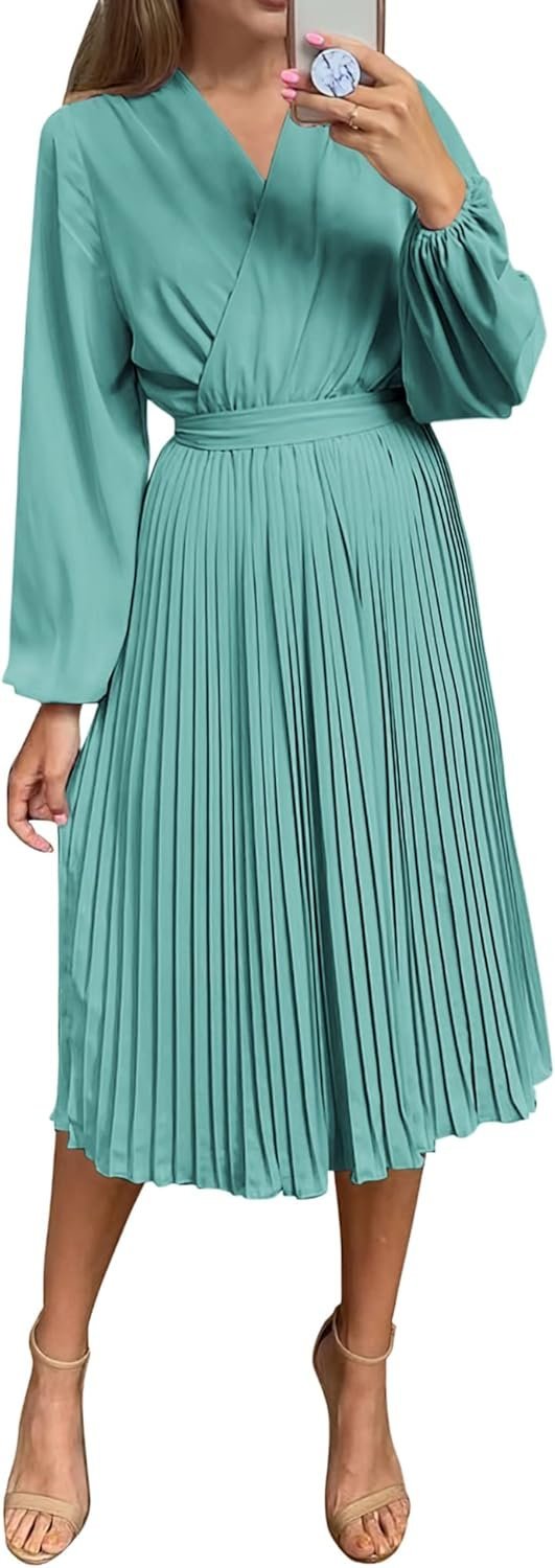 Connecteri  Womens V Neck Flowy Ruffle Pleated Casual Fall Dress