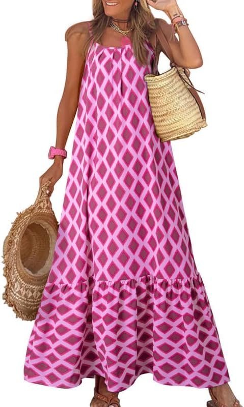 Connecteri  Women Summer Dresses 2024 Spaghetti Strap Scoop Neck Smocked Ruffle Flowy Boho Maxi Dress